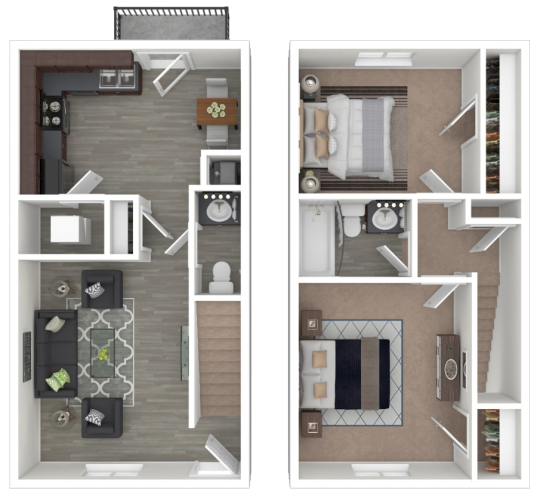 two bedroom floor plans with two bathrooms and a living room at The Country Oaks Apartments