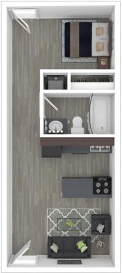 a floor plan of a studio apartment with a kitchen and bathroom at The Country Oaks Apartments