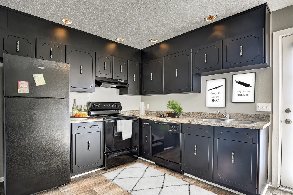 a kitchen with black cabinets and stainless steel appliances at The Country Oaks Apartments