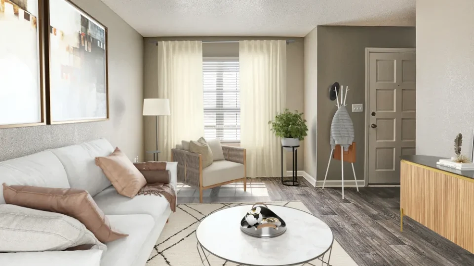 a rendering of a living room with a white couch at The Country Oaks Apartments