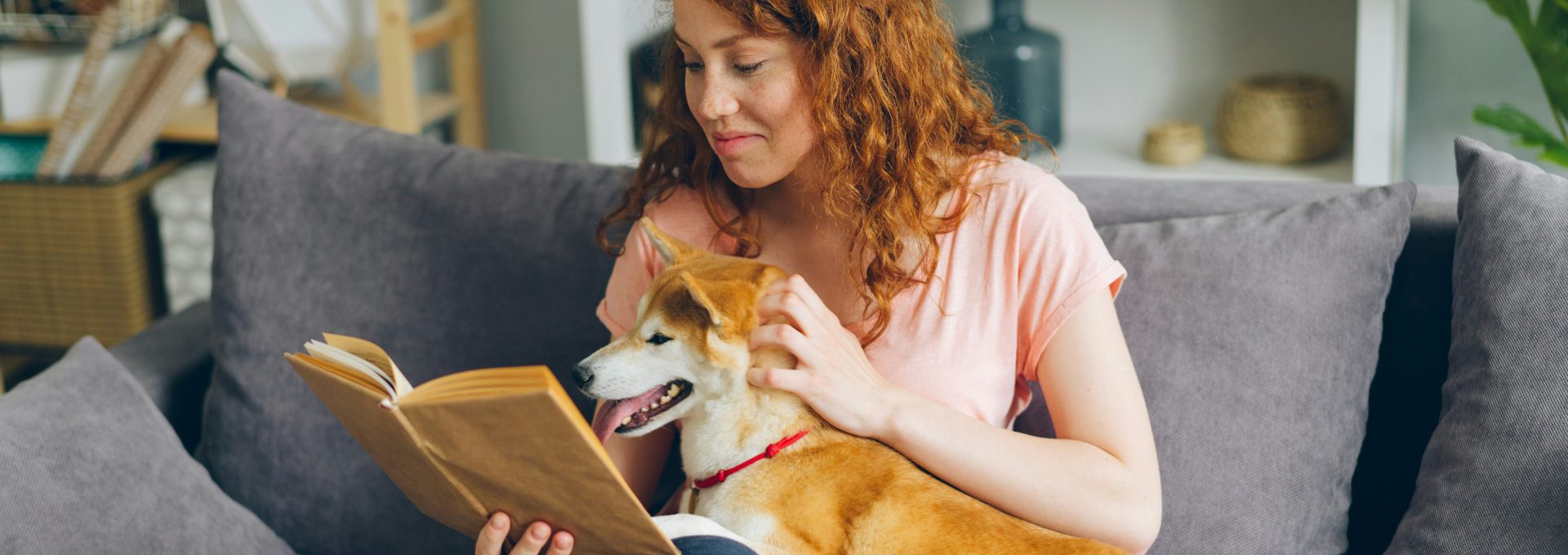 a woman sitting on a couch with a dog reading a book